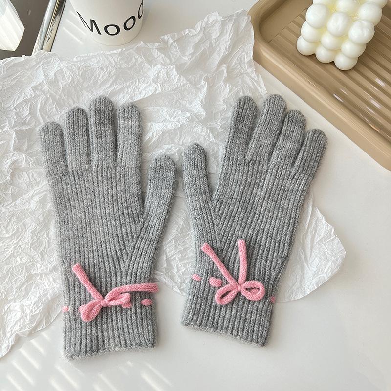 Autumn and Winter New Solid Color Cute Bow Korean Style Sweet Split Finger Touch Screen Student Cold Proof Warm Gloves