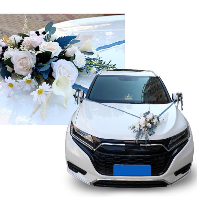 Wedding Car Decoration 7Pieces Set with Realistic Artificial Flower for Car Decors included Rearview Mirror and Doorknob