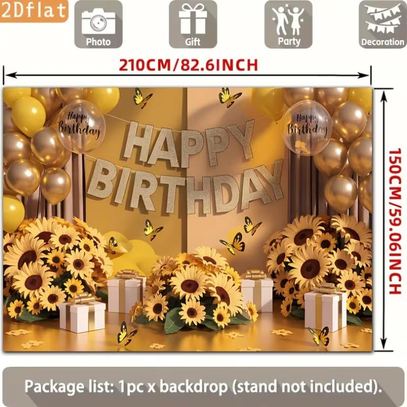 2D Birthday Photography Backdrop Yellow Background with Sunflowers, Butterflies and Balloons