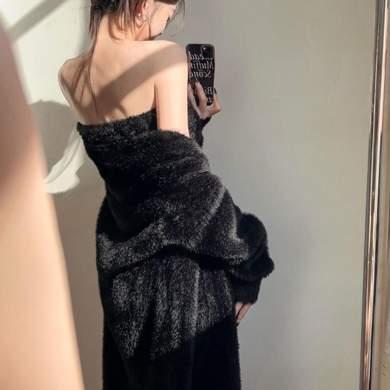 2ks Zimní sladké plyšové šaty bez ramínek Pletené fleecové šaty + fleecová bunda, dvoudílná