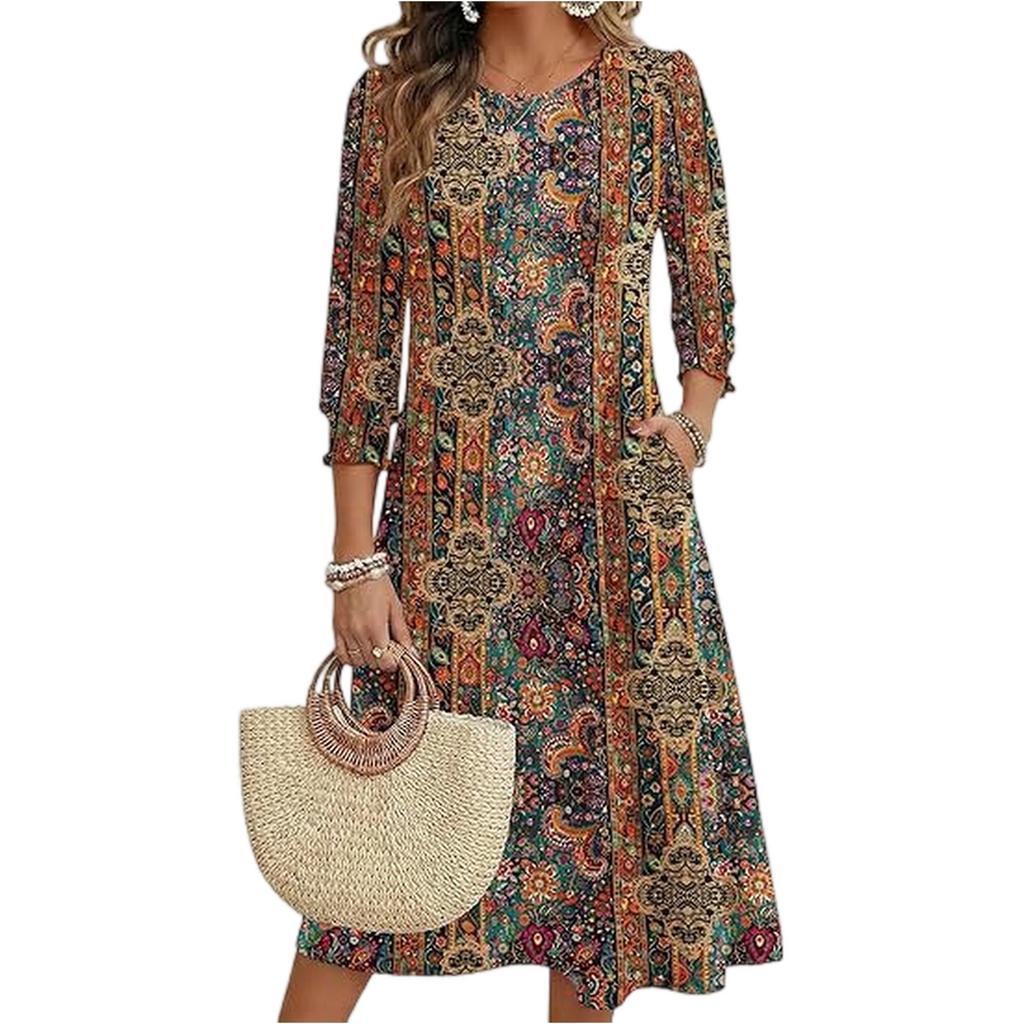 Women's Fashion Pocket Half Sleeve Floral Mid,length Casual Dress