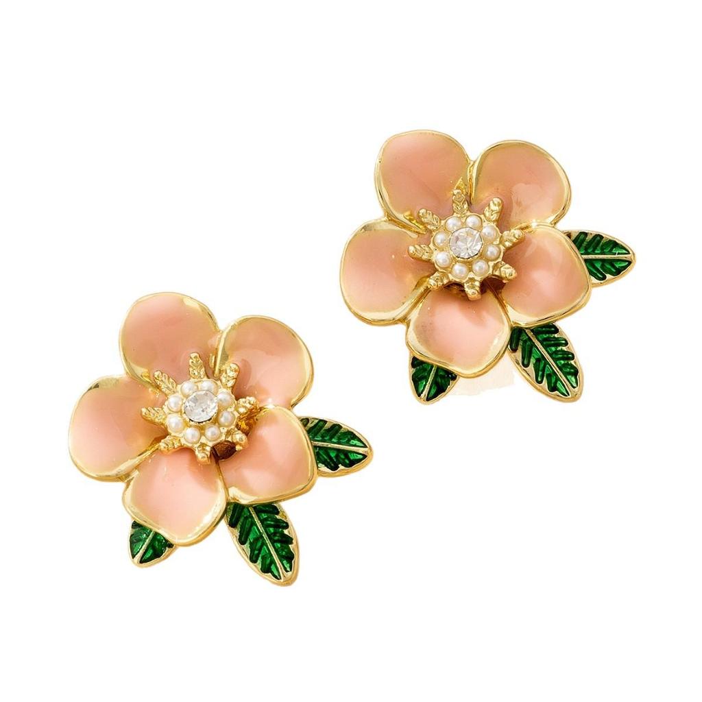 Japanese Oil-Drop Rhinestone 3D Camellia Studs - Women's Elegant Gardenia Earrings