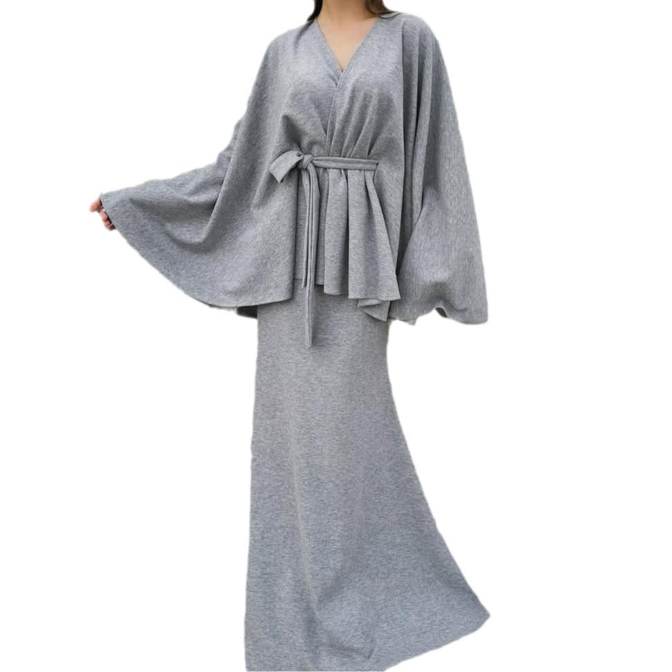 European and American Autumn/Winter Long Loose Cardigan & V-Neck Tie-Up Top with Midi Skirt Set