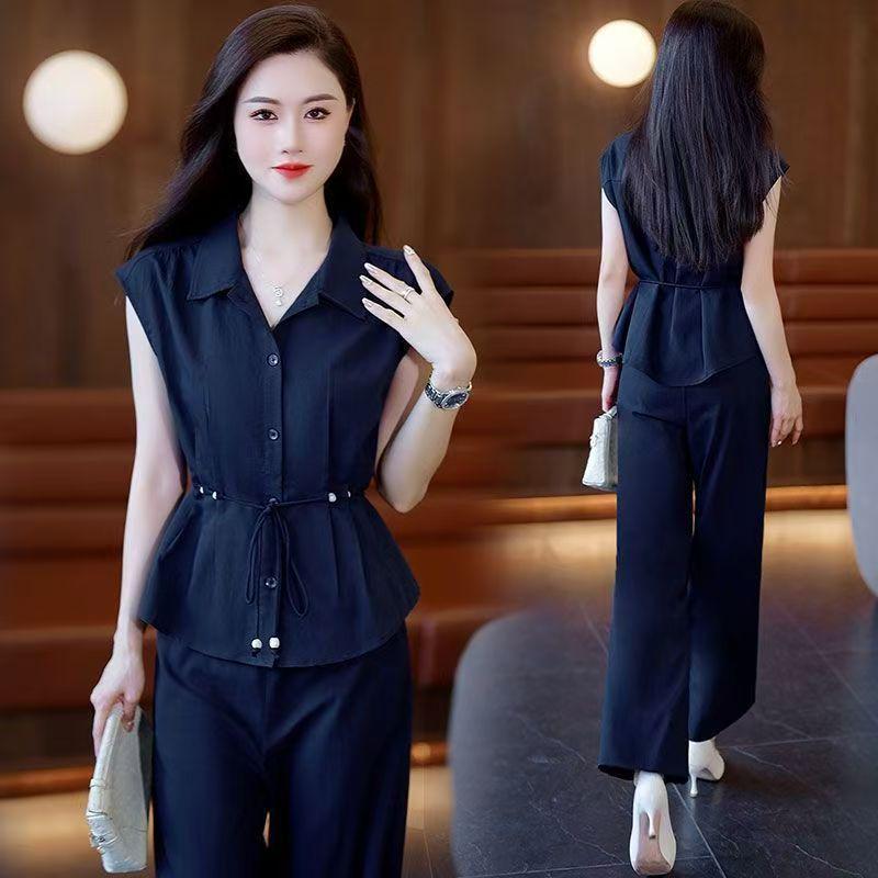 

Summer 2026 Women s Stylish Two-Piece Set: Sleeveless Lapel Shirt & Versatile Wide-Leg Pants L [100-115 jin]