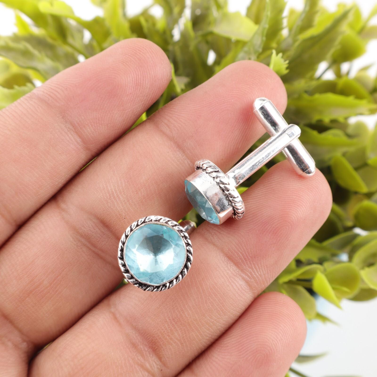 

Sky Blue Topaz Gemstone 925 Sterling Silver Handmade Cufflinks For Birthday Gift CL-3-8