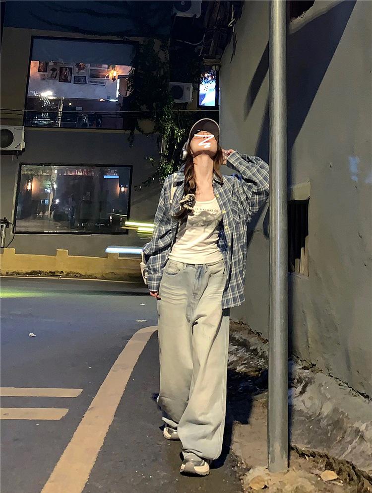 Women's Autumn American Retro Plaid Blue Shirt - Versatile Casual Sunscreen Jacket