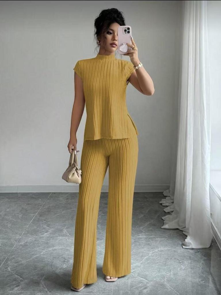 2026 New Style Women's Solid Color Short Sleeve Top & Ribbed Casual Pants Set
