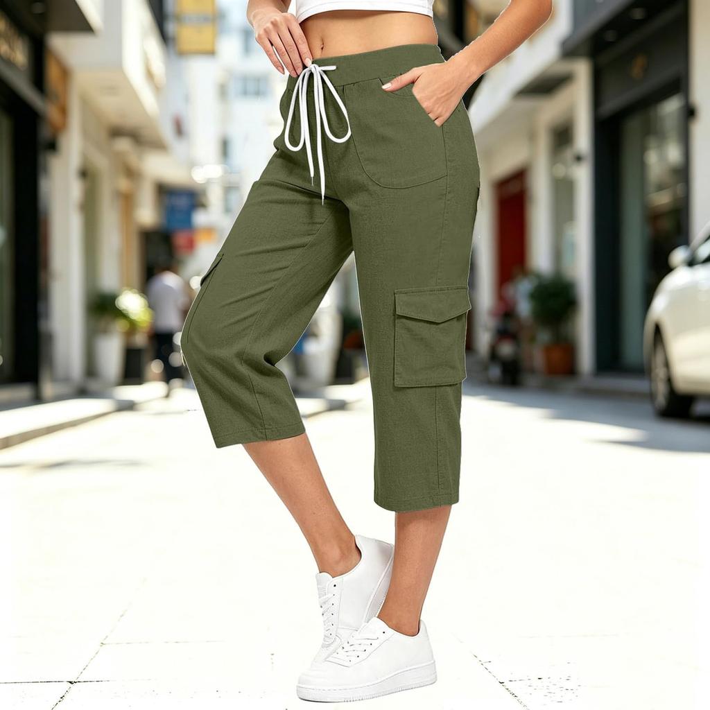 Women Casual Loose Fit Cargo Pants Mid Calf Length Drawstring Waist Elastic Band Pocket Design Comfortable Workwear