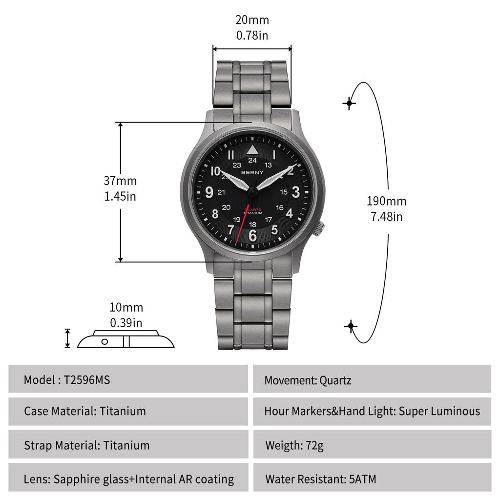 BERNY Titanium Watch with Japanese VH31 Sweep Second Quartz 5ATM Water and Super Luminescence for Men and Women Men's Movement, Resistance,