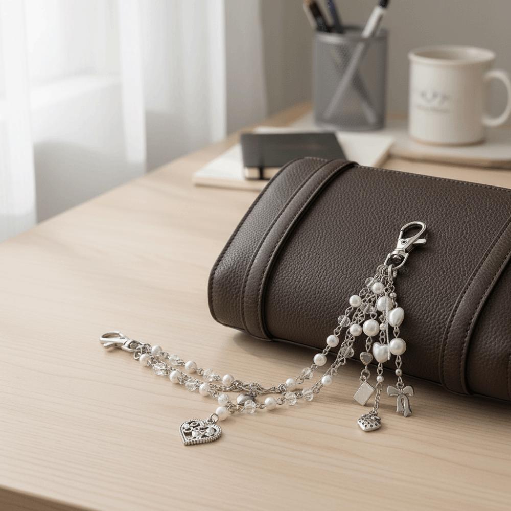 Sweet Acrylic Bag Chain Heart Beaded Keychain Y2K Style Imitation Pearl Accessories  School