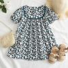 Summer Fashion 2-7Years Girls Green Casual Print Dresses Sweet Cute Children Vintage Comfortable Cotton Short Sleeve Clothes