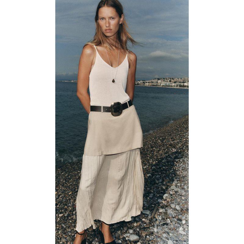 Za Autumn New Arrivals Women's Clothing Zr European and American Style Fashionable Versatile Daily Casual Midi Skirt with Belt and Patchwork