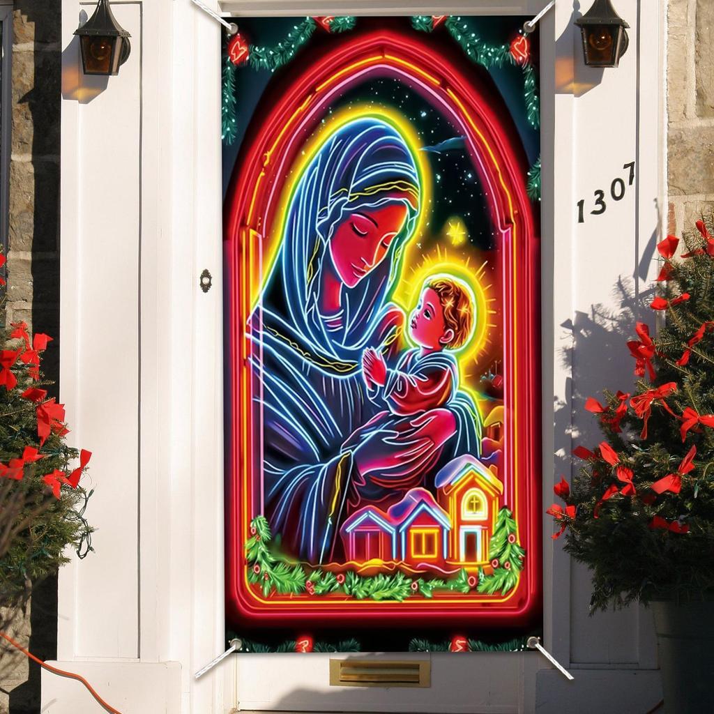 Christmas Front Door Cover 35x71inch Glowing Large Festive Door Covers Holiday Party Banner Decoration For Indoor Outdoor Home