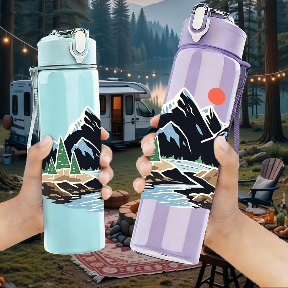 1PC Mountain Lake Scenery Landscape Print 750ml Color Plastic Sports Water Bottle Leakproof Flip Straw Lid Suitable for Sports Office Home Use