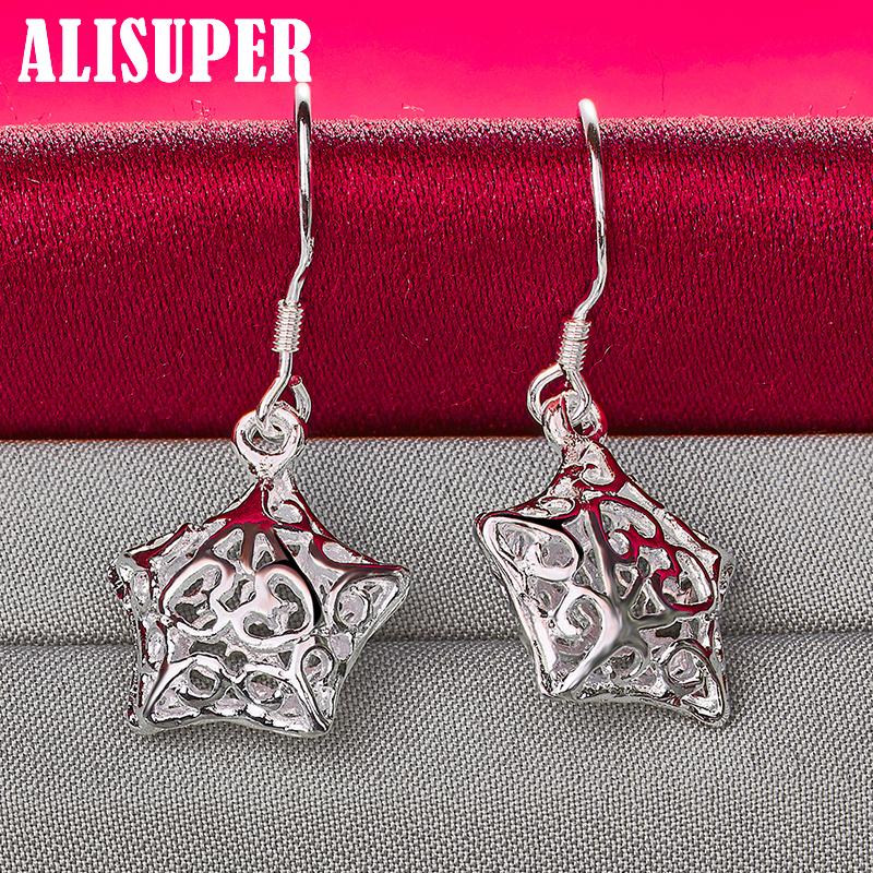 925 Sterling Silber Hohlstern-Tropfenohrringe Schmuck