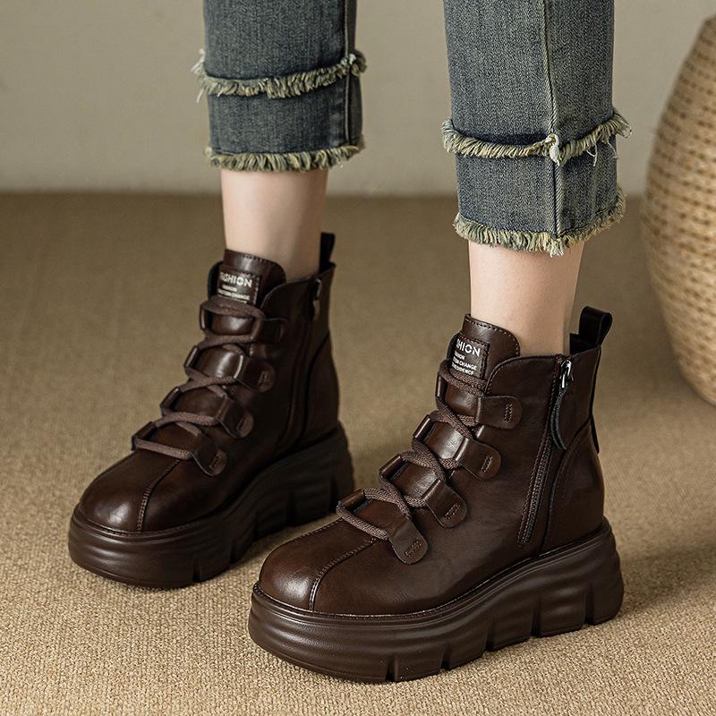 Autumn/Winter Thick-Soled Hidden Heel 8cm Side Zipper Versatile Women's Leather Martin Boots