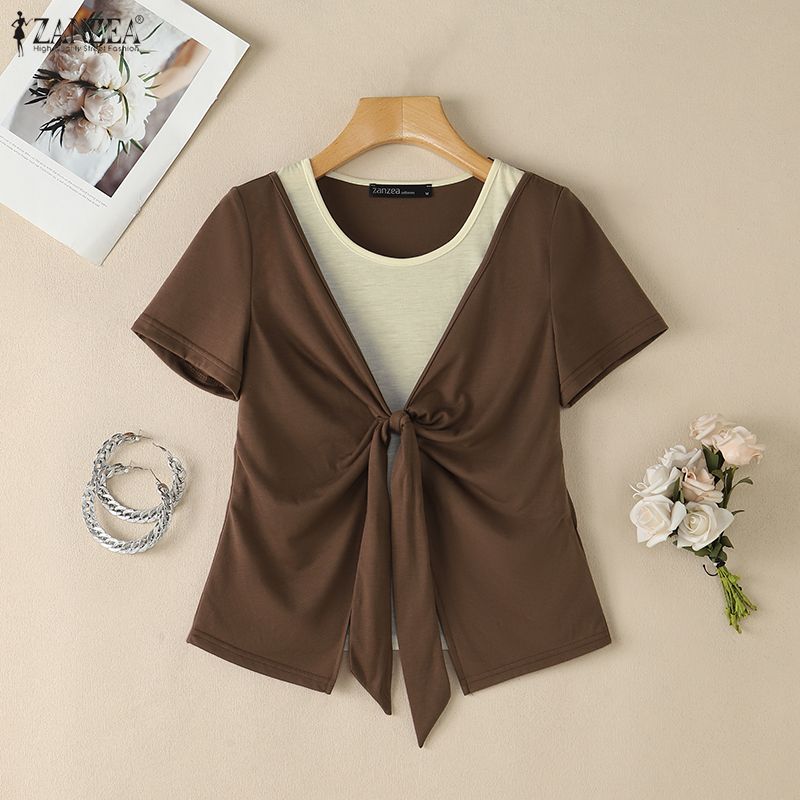 ZANZEA Women Casual Round Neck Short Sleeve Summer Patchwork Blouse