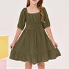 Children's Casual Bubble-Sleeve Backless Waist-Tied Bow-Pleated Dress