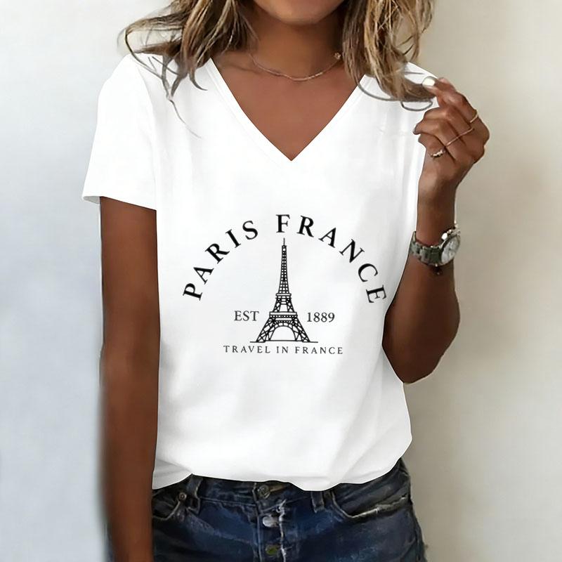 Retro T-shirt V-neck casual Harajuku printed T-shirt for women XS