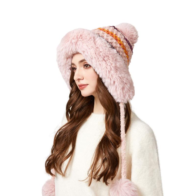 

Knitted Hat Rainbow Color-Matching Plush Collar Thick Wool Hat Women s Three Hair Ball Warm Hat розовый