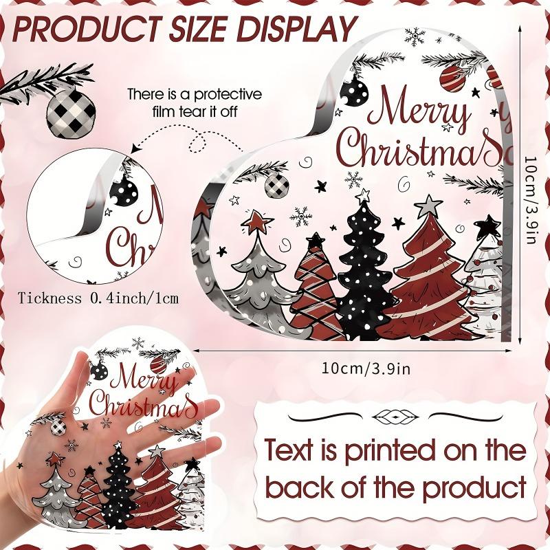 2D Flat, "Merry Christmas" Heart-Shaped Acrylic Christmas Desktop Decoration, Festive Trees and Snowflakes, Suitable for wall decoration, porch, room,