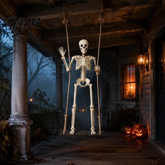 Indoor Outdoor Party Ornament Halloween Swinging Skeleton Decoration, 35" Large Spooky Hanging with Movable Joint Figurine Wooden Swing for