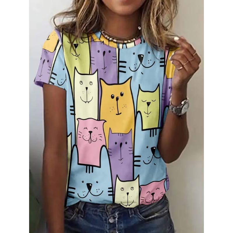 Summer Cute Cartoon Cat T-Shirts Women Short Sleeve Round Neck T Shirt Tees Harajuku Y2K Top Female Clothing