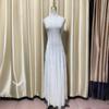 Hollow Out Mesh Maxi Dress High Collar Slim Fit Long Sleeve Robe High Waist Pleated Party Dresses New Lady Fashion Clothing