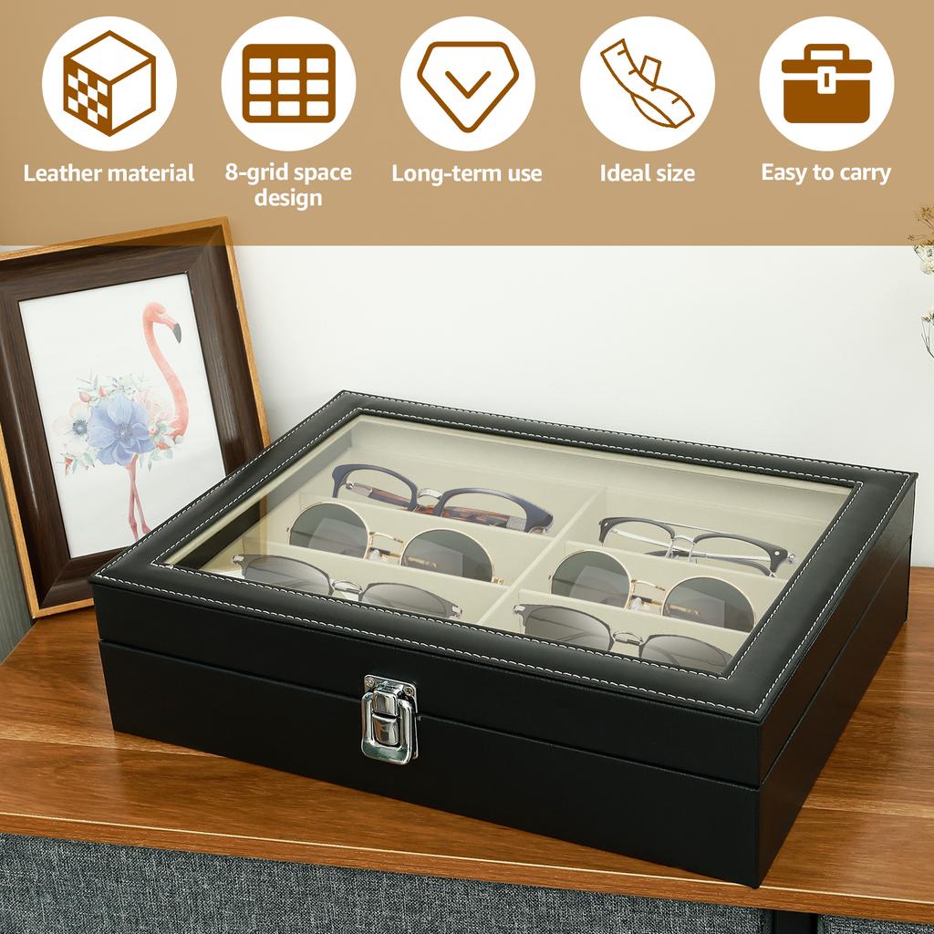 8-Fächer PU-Leder Brillenablage Sonnenbrillen Präsentationskoffer Kurzsichtigkeitsbrillen Organizer Box Herren Sonnenbrillen Damen Schmuck Präsentationsbox