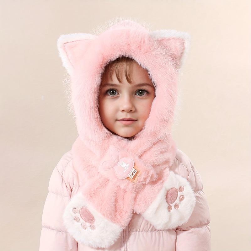 Youngsters Cute Cat Ear Winter Plush Thickened Ear and Neck Protection Daily Warm Cat Paw Embroidery Hat and Scarf Combo