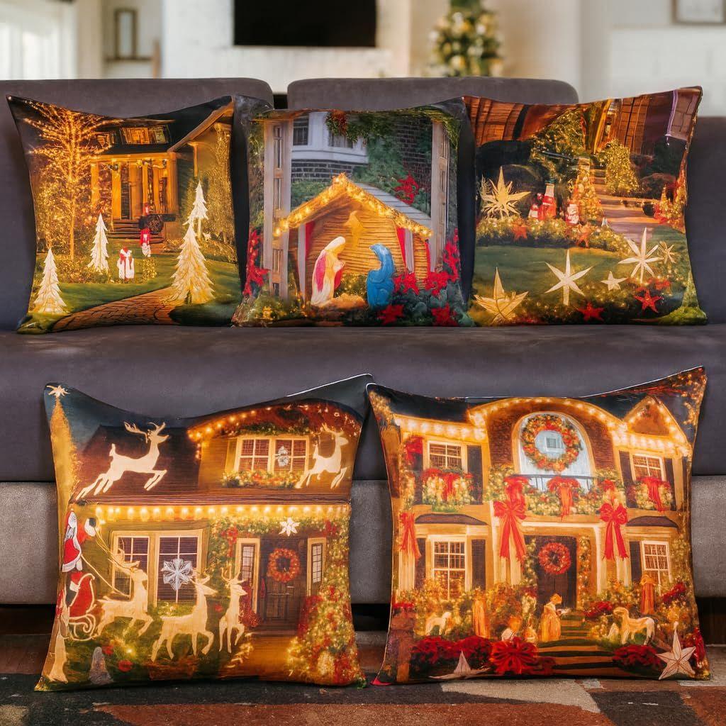 

Decorative Merry Christmas Satin Cushion Cover 24 Inch x 24 Inch 5 Piece, Cusion Cover for Sofa 24 24 Set of 5, Golden Christmas Lights 24 x 24 Inch (Pack of 5)