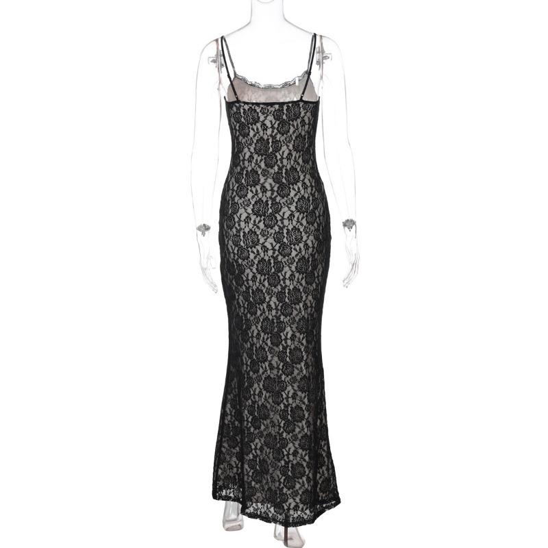 Summer Women's Sexy Lace Patchwork Long Dress Slim Strap Dress
