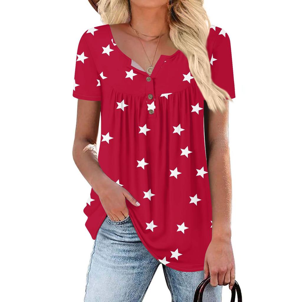 Women Tunic Tops Dressy Casual Summer Short Sleeve Shirts Loose Fit Pleated Boho Top Independence Day