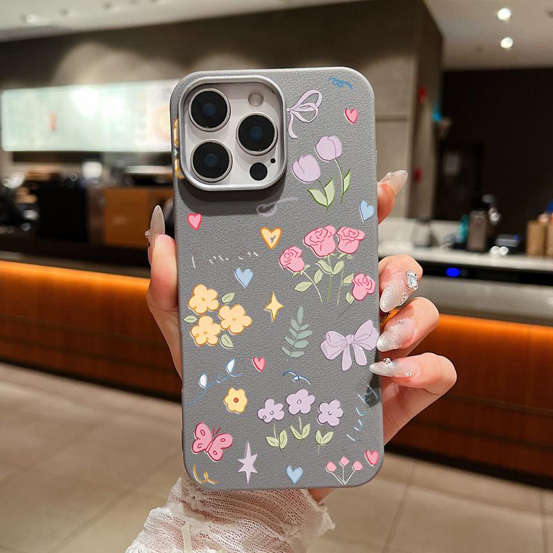 Cartoon Floral Pattern Shockproof Phone Case For iPhone 16 Pro Max 15 Pro 14 Plus 13 12 11 Soft TPU Leather Texture Slim Matte Back Cover
