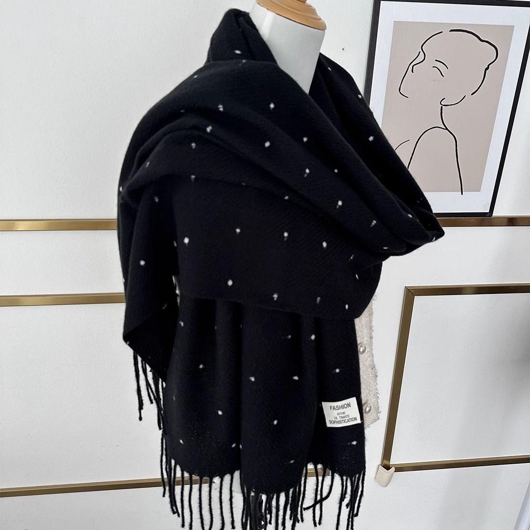 

Starry White Scarf for Women in Autumn and Winter New Polka Dot Tassel Korean Style Shawl Dual-purpose High End Scarf