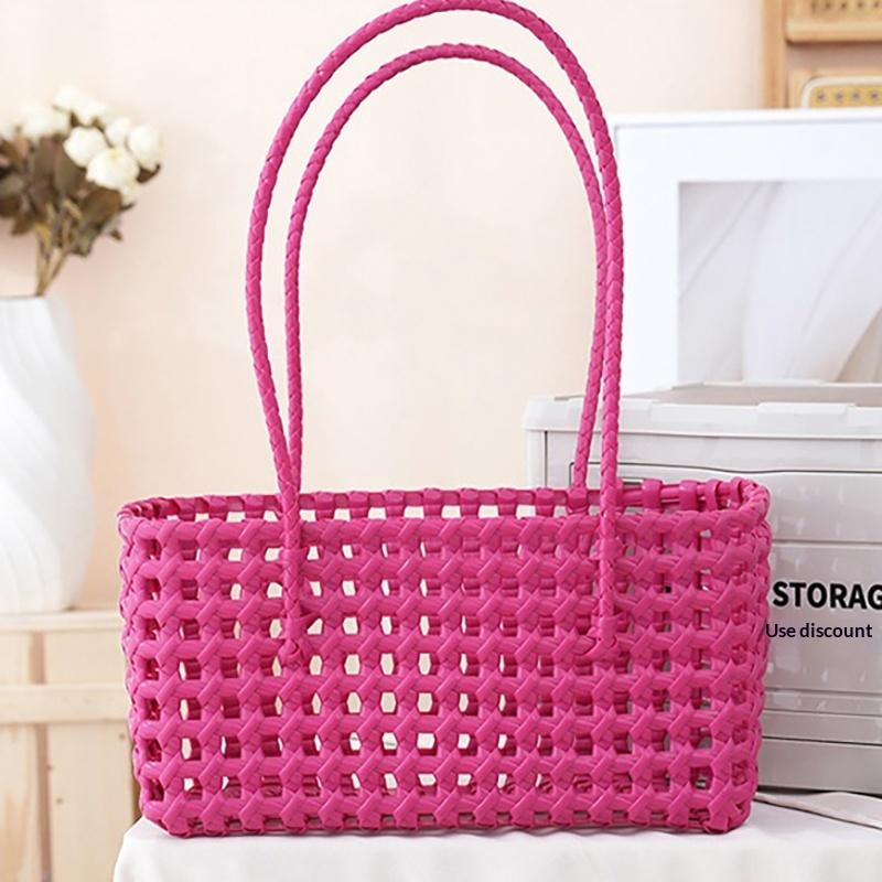 Handgefertigte Plastik-Hohlgeflecht-Tasche Landhausstil Große Kapazität Strand-Tragetasche Eimer-Tasche Damen-Handtasche Sommer-Strandtasche