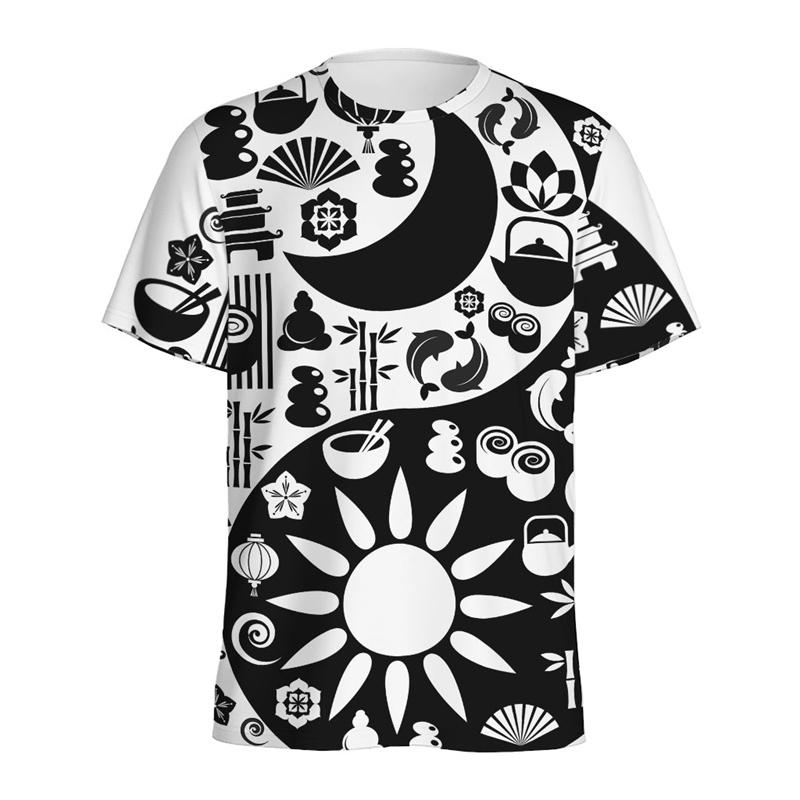 Černé Bílé Vzor Jin Jang Pánské Tričko Cool Street Kulatý Výstřih Krátký Rukáv Trička Top Dámské Léto 3D Tištěná Volná Trička