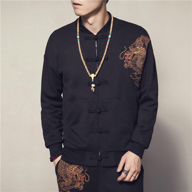 Mens Dragon Embroidery Stand Collar Jacket Plus Size Casual Outerwear Youth