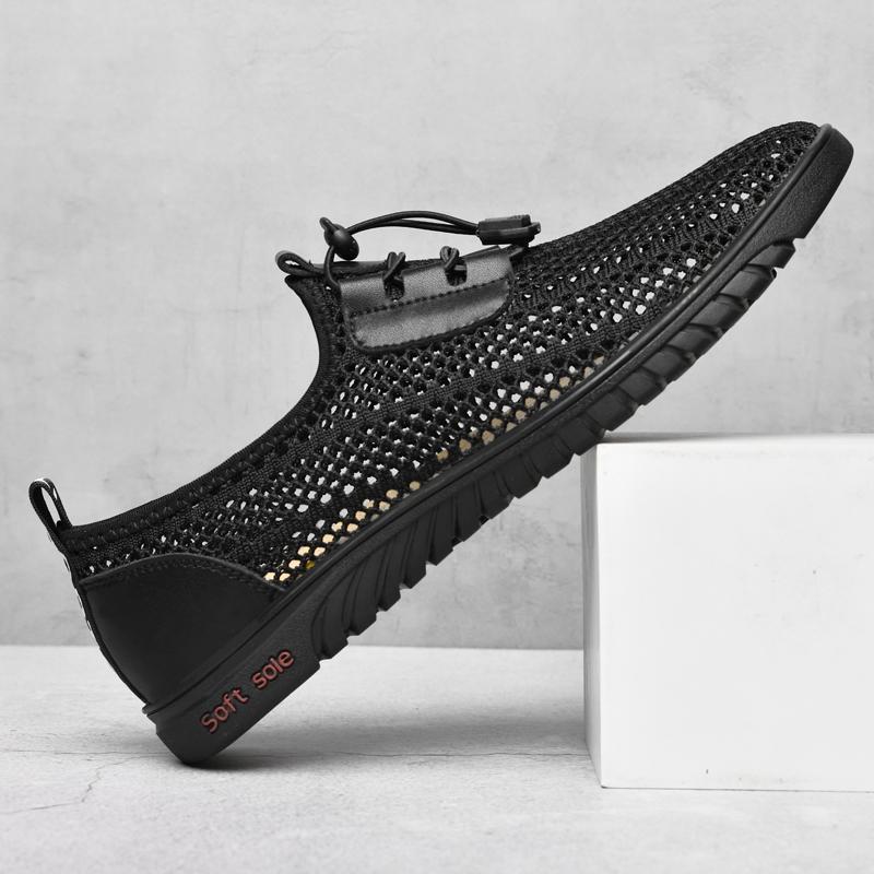 

Summer Men Mesh Shoes Breathable Cool Casual Genuine Leather Brand Shoes Moccasins Lightweight Man Soft Luxury Sneakers 46 чёрный