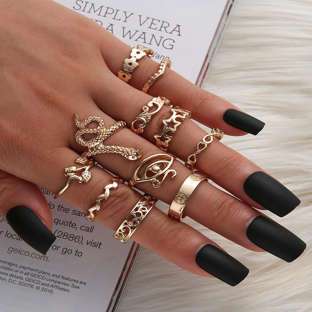 Bohemian Creative Drip Vintage Geometric Ring Full Diamond Shining Serpentine 11-Piece Combination Joint Ring