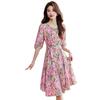 Sweet Age-reducing Small Floral Dress for Women's Summer New Chiffon Waist Cover and High Five-quarter Sleeve Skirt