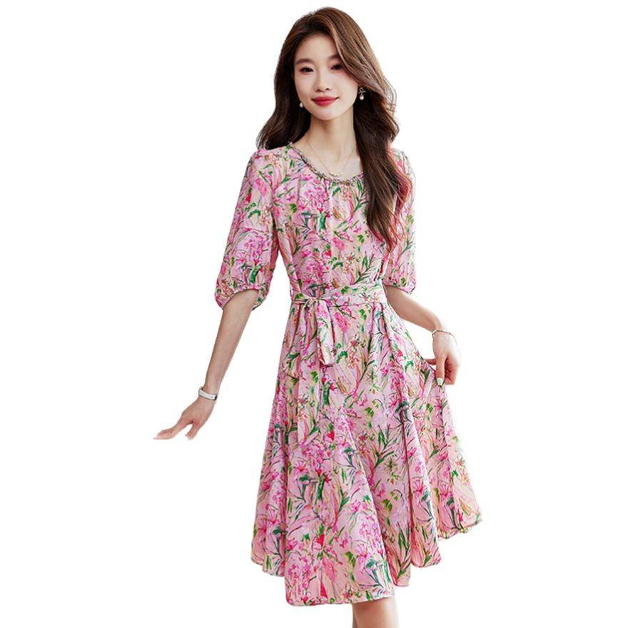 Sweet Age-reducing Small Floral Dress for Women's Summer New Chiffon Waist Cover and High Five-quarter Sleeve Skirt