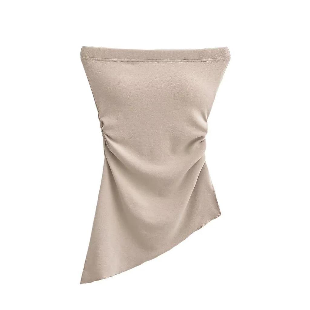 Irregular Slit Padded Bandeau Summer Top with Ruched Waist