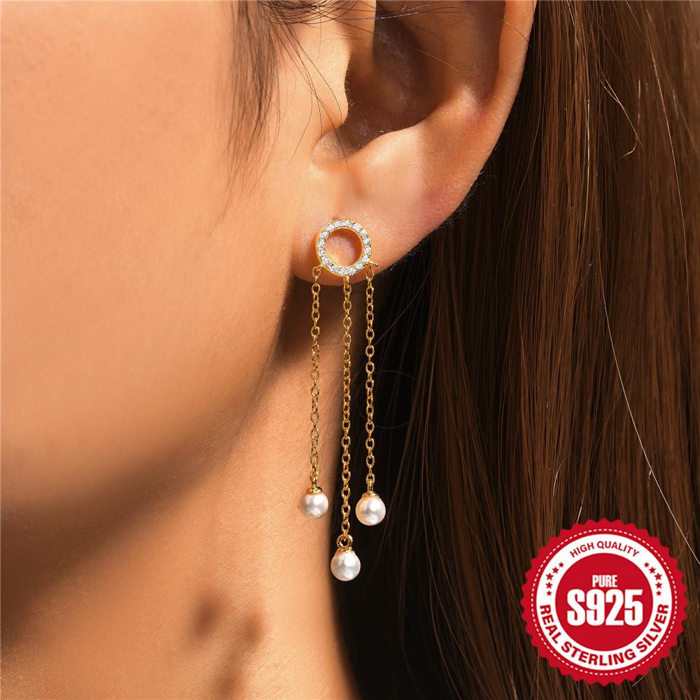 Argent Sterling 925 Tempérament Mode Gland Longue Chaîne Perle Personnalité Boucles d'Oreilles Boucles d'Oreilles Earline Boucles d'Oreilles Boucles d'Oreilles Perles