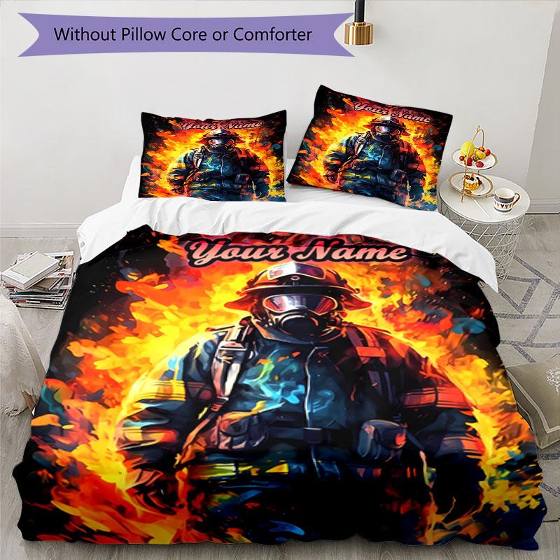 3PC Custom Name Firefighter Courage Flames Bedding Set Duvet Cover Closure Includes 1 Duvet Cover & 2 Pillowcases for Bedroom