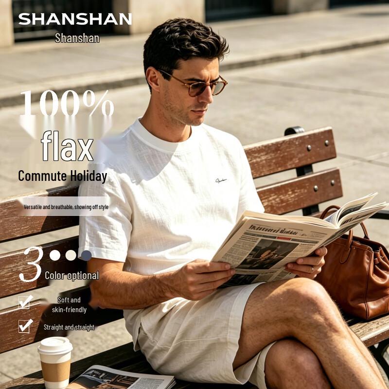 SHANSHAN Men s 100% Linen Short Sleeve T-Shirt M