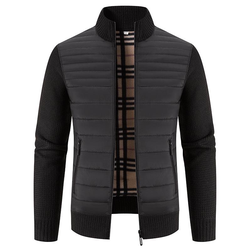 Men's Plus Size Color Block Stand Collar Velvet Cardigan Sweater - Warm, Thickened Knitted Outerwear for Autumn and Winter.