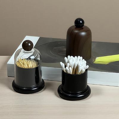 Caixa de Palitos com Tampa Transparente/Grão de Madeira, Dispensador de Palitos à Prova de Poeira, Recipiente para Palitos com Hastes de Fio Dental para Bancada de Cozinha