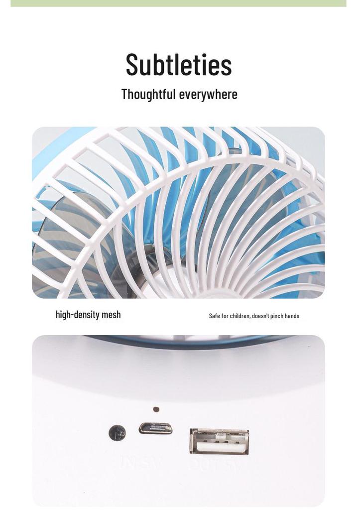 Ventilatore da scrivania portatile USB ricaricabile con luce, funzionamento silenzioso a 3 velocità per dormitori