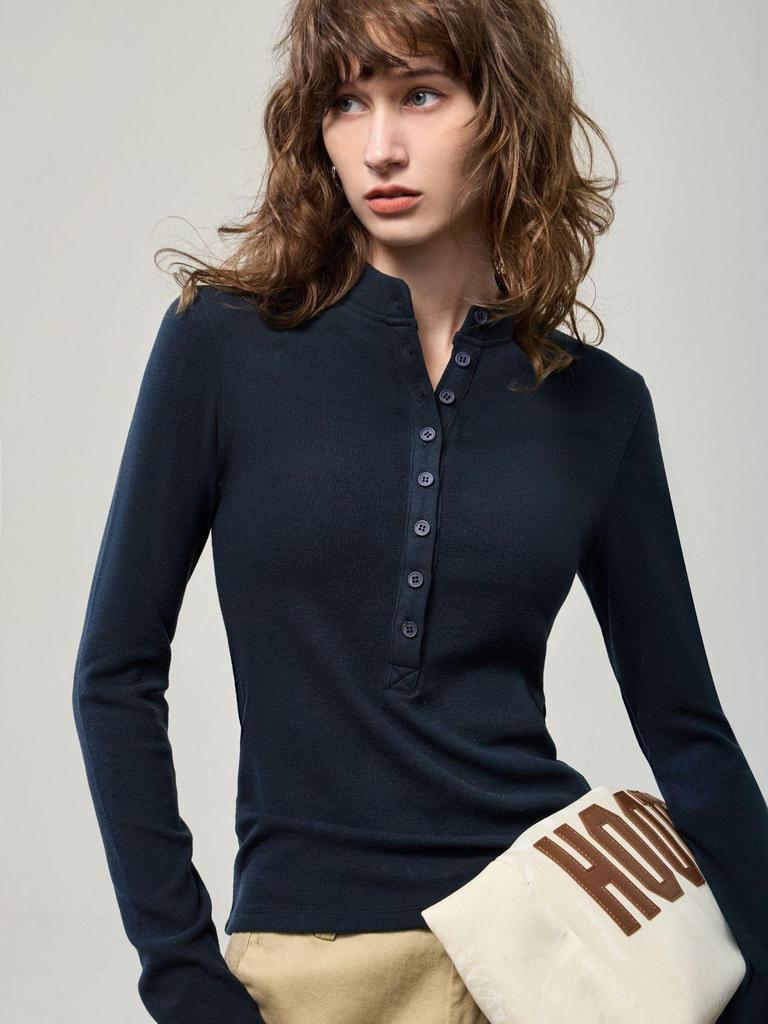 2025 Autumn Women's Long Sleeve Henley Top - Slim Fit Knit with Button Detail